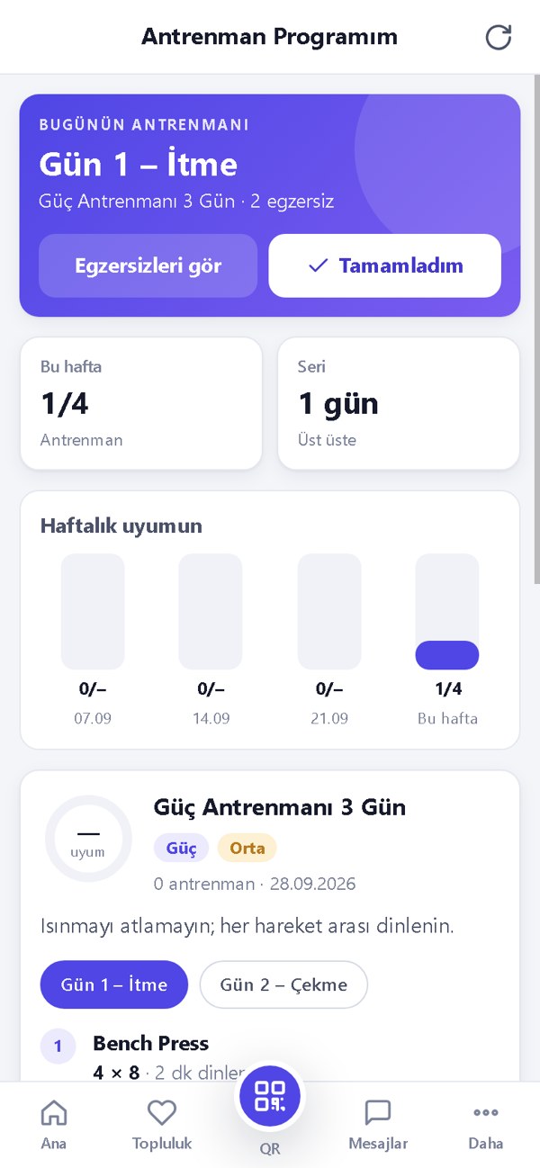 Üye uygulaması: antrenman programı ve seri takibi