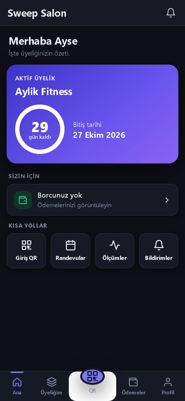 Üye ana ekranı, karanlık mod